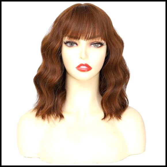 Short Wavy Synthetic Wig with Bangs Shoulder Length Bob Heat Resistant main image 5